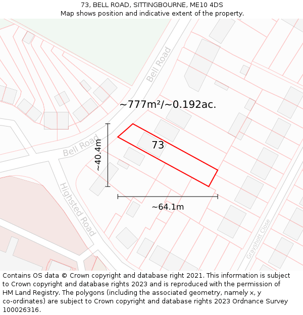 73, BELL ROAD, SITTINGBOURNE, ME10 4DS: Plot and title map