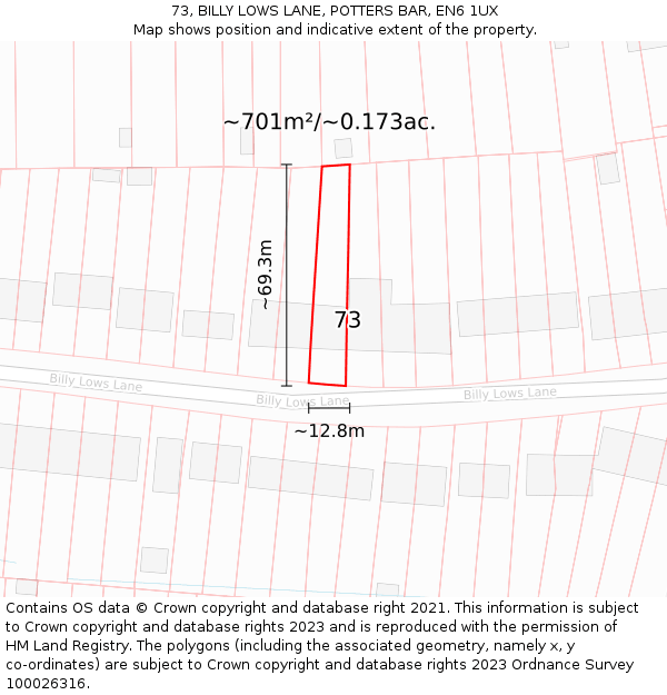 73, BILLY LOWS LANE, POTTERS BAR, EN6 1UX: Plot and title map