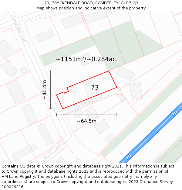 73, BRACKENDALE ROAD, CAMBERLEY, GU15 2JY: Plot and title map