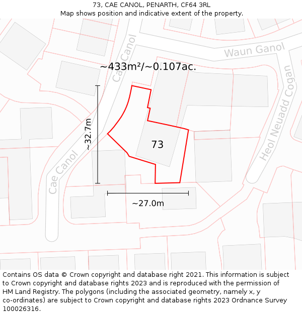 73, CAE CANOL, PENARTH, CF64 3RL: Plot and title map