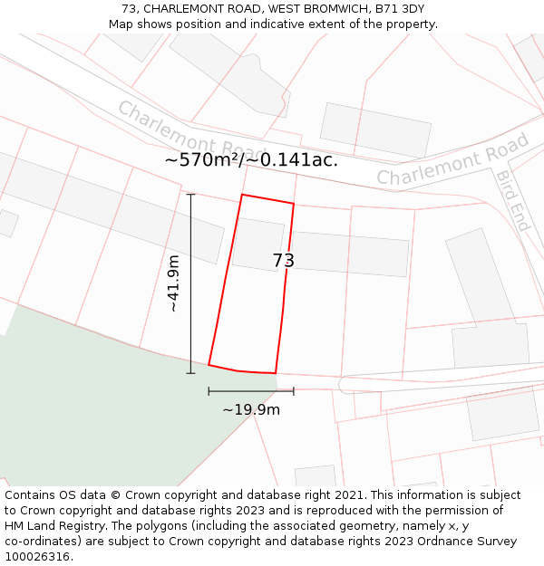 73, CHARLEMONT ROAD, WEST BROMWICH, B71 3DY: Plot and title map