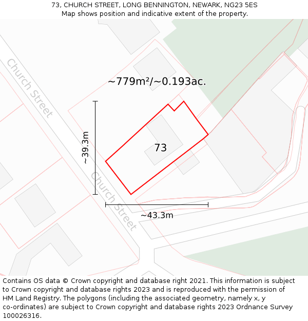 73, CHURCH STREET, LONG BENNINGTON, NEWARK, NG23 5ES: Plot and title map