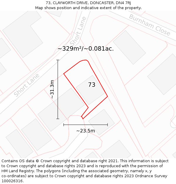 73, CLAYWORTH DRIVE, DONCASTER, DN4 7RJ: Plot and title map