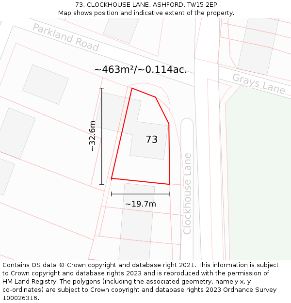 73, CLOCKHOUSE LANE, ASHFORD, TW15 2EP: Plot and title map