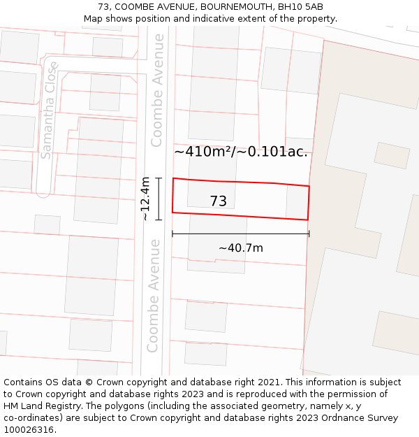 73, COOMBE AVENUE, BOURNEMOUTH, BH10 5AB: Plot and title map