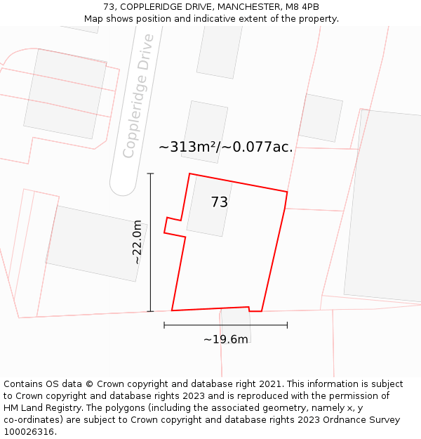 73, COPPLERIDGE DRIVE, MANCHESTER, M8 4PB: Plot and title map