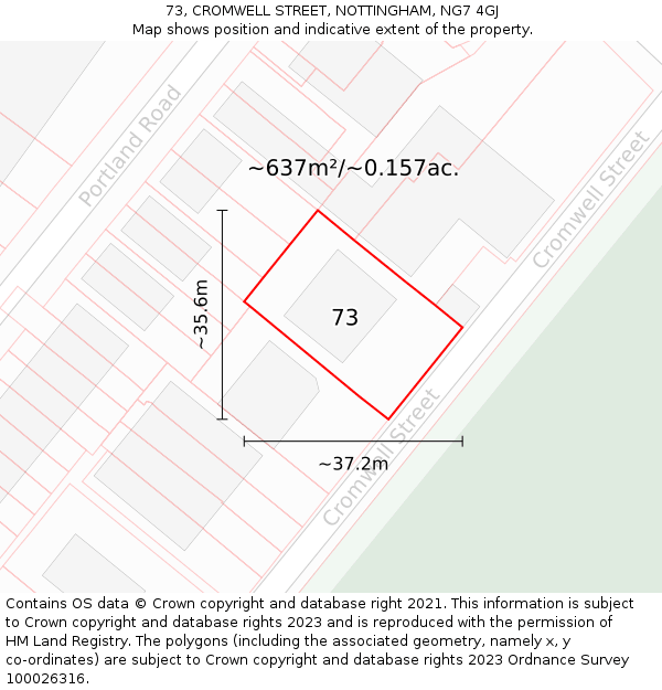 73, CROMWELL STREET, NOTTINGHAM, NG7 4GJ: Plot and title map