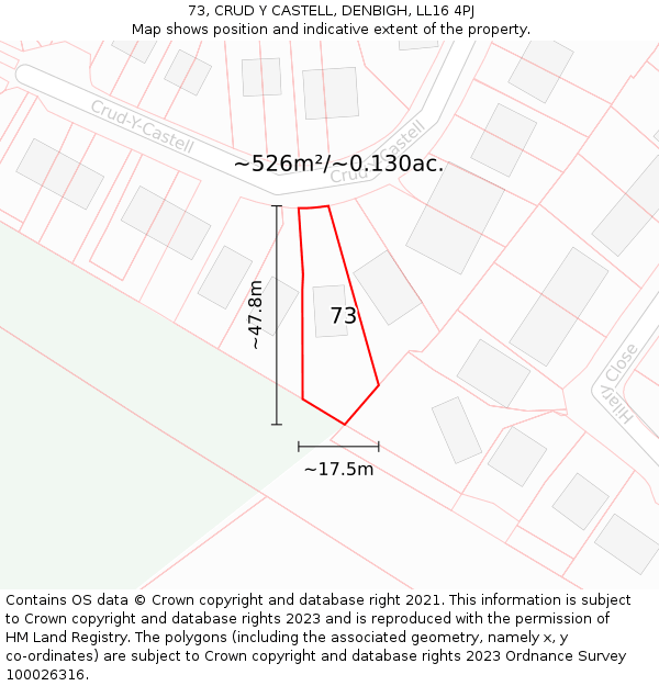 73, CRUD Y CASTELL, DENBIGH, LL16 4PJ: Plot and title map