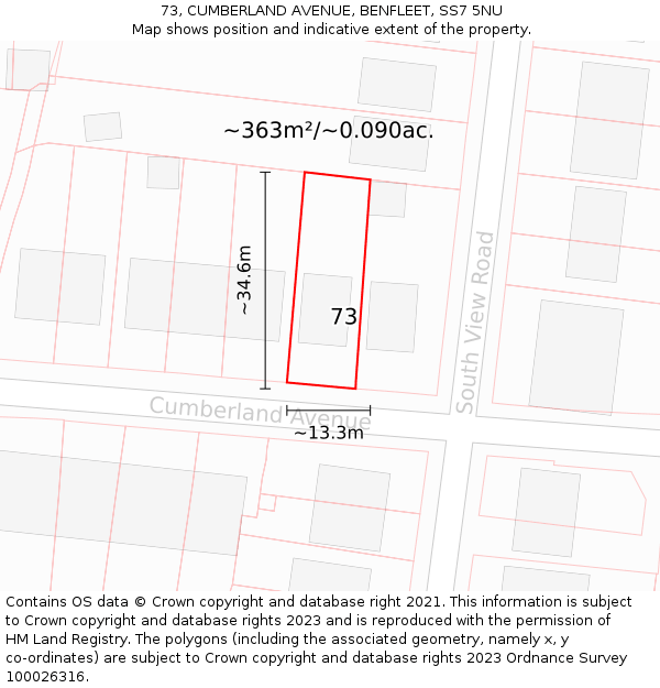 73, CUMBERLAND AVENUE, BENFLEET, SS7 5NU: Plot and title map