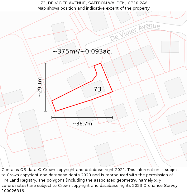 73, DE VIGIER AVENUE, SAFFRON WALDEN, CB10 2AY: Plot and title map