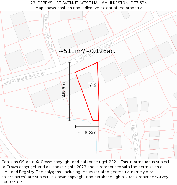 73, DERBYSHIRE AVENUE, WEST HALLAM, ILKESTON, DE7 6PN: Plot and title map