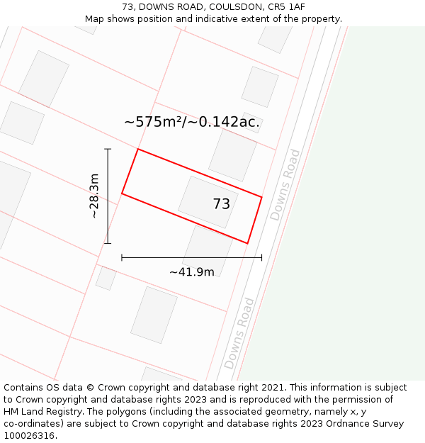 73, DOWNS ROAD, COULSDON, CR5 1AF: Plot and title map