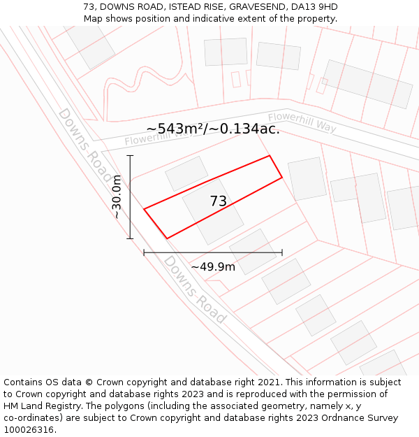 73, DOWNS ROAD, ISTEAD RISE, GRAVESEND, DA13 9HD: Plot and title map