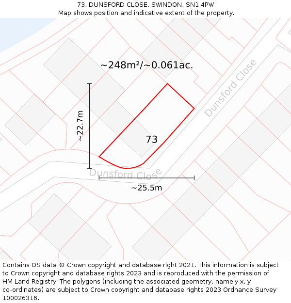 73, DUNSFORD CLOSE, SWINDON, SN1 4PW: Plot and title map