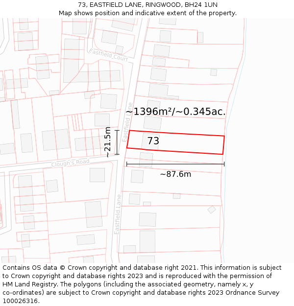 73, EASTFIELD LANE, RINGWOOD, BH24 1UN: Plot and title map