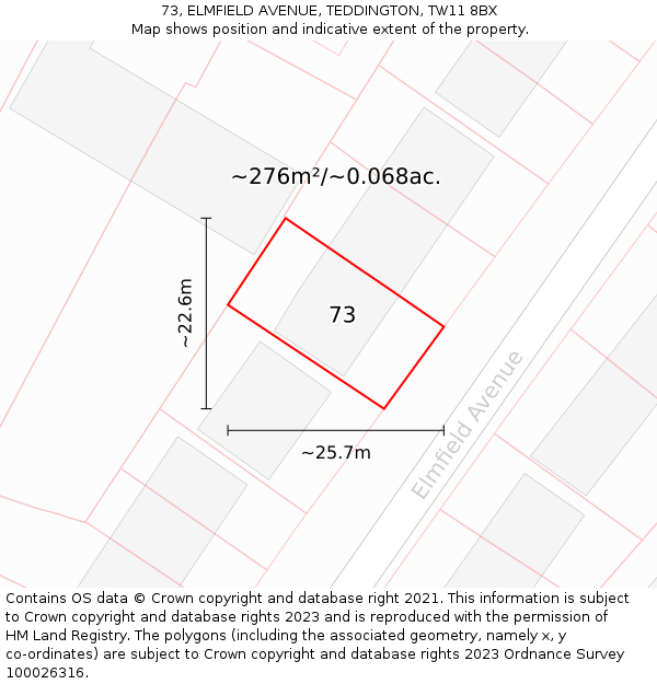 73, ELMFIELD AVENUE, TEDDINGTON, TW11 8BX: Plot and title map