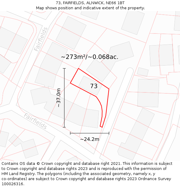 73, FAIRFIELDS, ALNWICK, NE66 1BT: Plot and title map