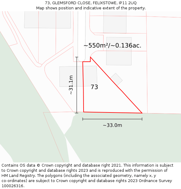 73, GLEMSFORD CLOSE, FELIXSTOWE, IP11 2UQ: Plot and title map