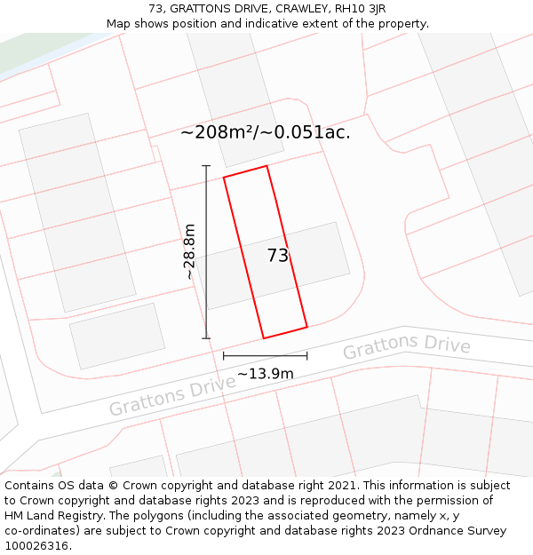 73, GRATTONS DRIVE, CRAWLEY, RH10 3JR: Plot and title map