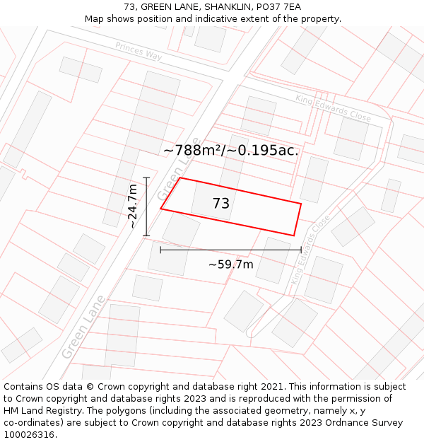 73, GREEN LANE, SHANKLIN, PO37 7EA: Plot and title map