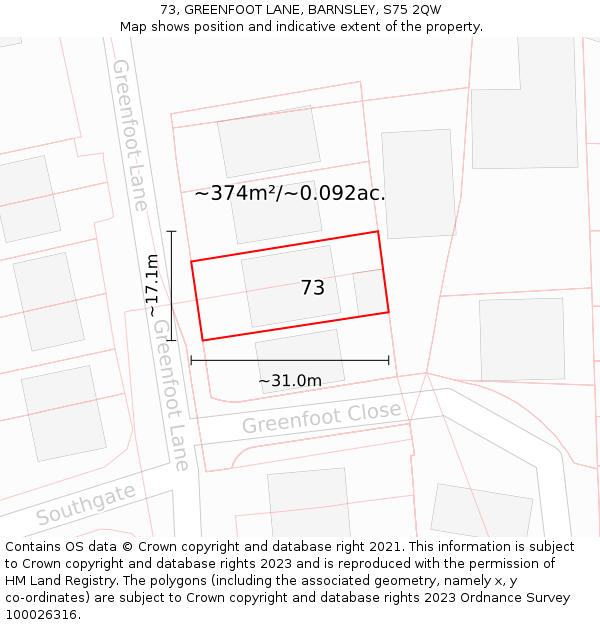 73, GREENFOOT LANE, BARNSLEY, S75 2QW: Plot and title map