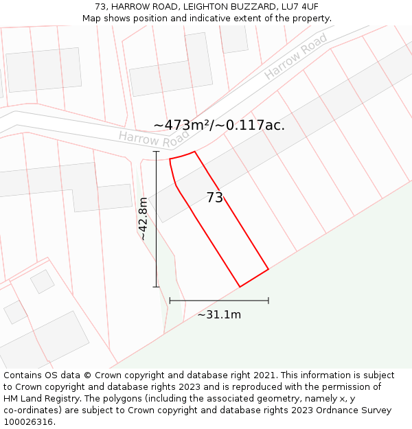 73, HARROW ROAD, LEIGHTON BUZZARD, LU7 4UF: Plot and title map