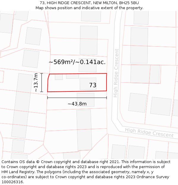 73, HIGH RIDGE CRESCENT, NEW MILTON, BH25 5BU: Plot and title map