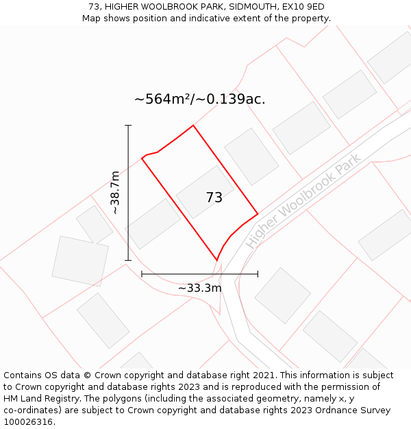 73, HIGHER WOOLBROOK PARK, SIDMOUTH, EX10 9ED: Plot and title map