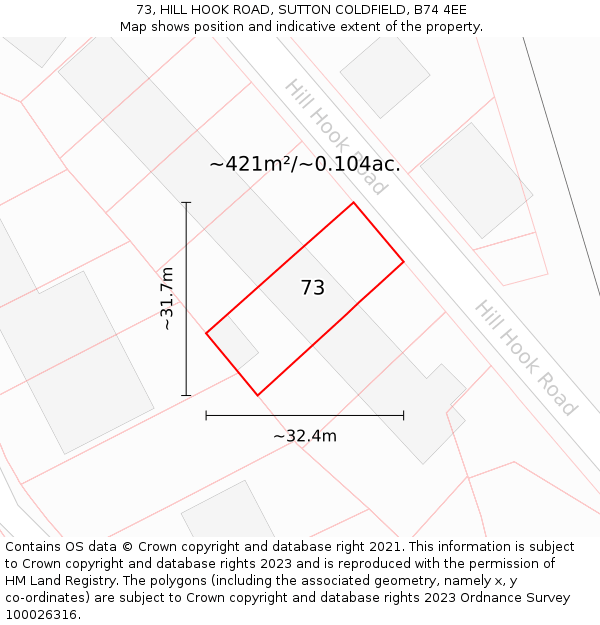 73, HILL HOOK ROAD, SUTTON COLDFIELD, B74 4EE: Plot and title map