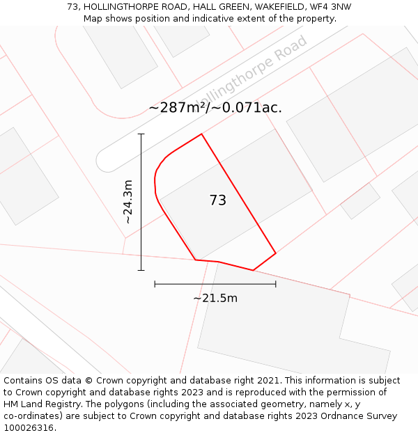 73, HOLLINGTHORPE ROAD, HALL GREEN, WAKEFIELD, WF4 3NW: Plot and title map