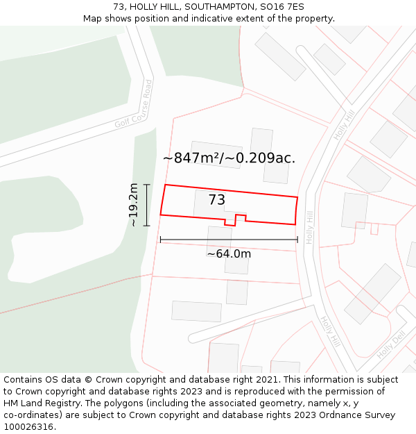 73, HOLLY HILL, SOUTHAMPTON, SO16 7ES: Plot and title map