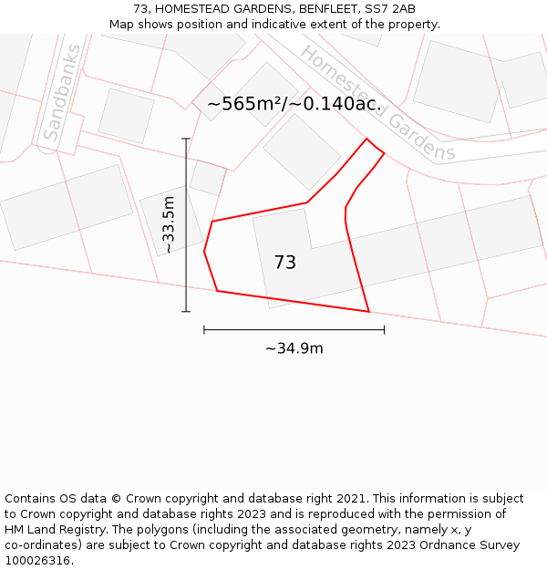 73, HOMESTEAD GARDENS, BENFLEET, SS7 2AB: Plot and title map