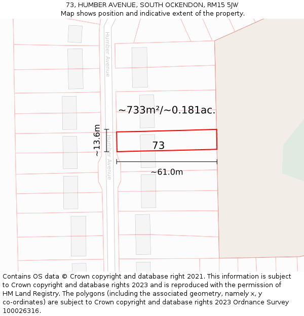 73, HUMBER AVENUE, SOUTH OCKENDON, RM15 5JW: Plot and title map