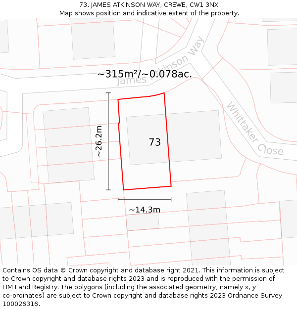 73, JAMES ATKINSON WAY, CREWE, CW1 3NX: Plot and title map