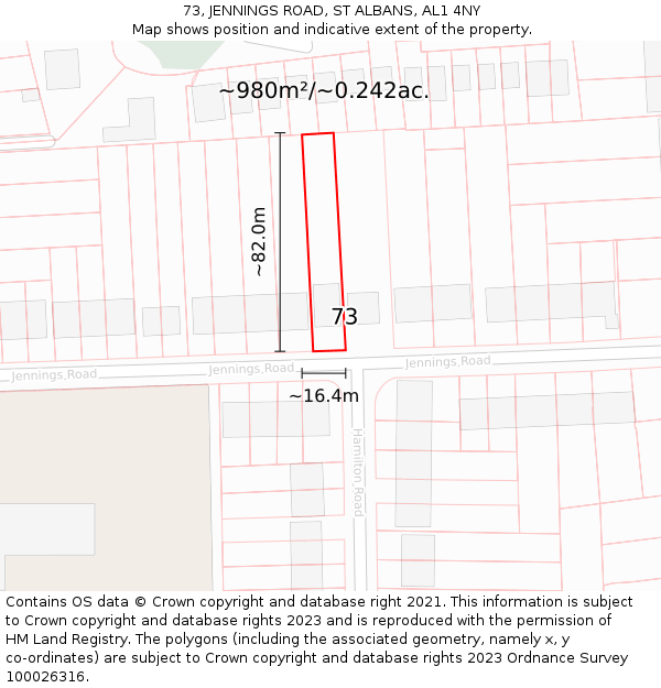 73, JENNINGS ROAD, ST ALBANS, AL1 4NY: Plot and title map