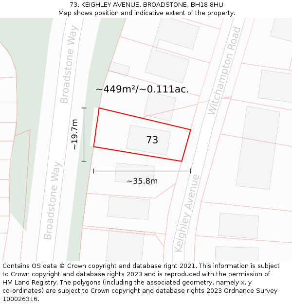 73, KEIGHLEY AVENUE, BROADSTONE, BH18 8HU: Plot and title map