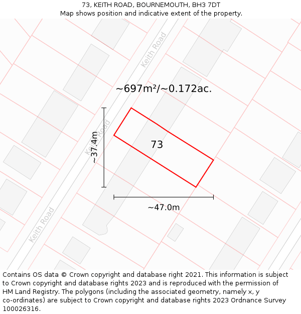 73, KEITH ROAD, BOURNEMOUTH, BH3 7DT: Plot and title map