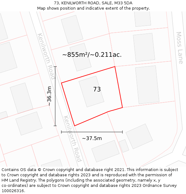 73, KENILWORTH ROAD, SALE, M33 5DA: Plot and title map