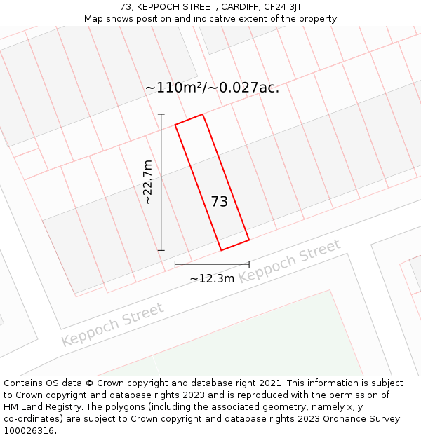 73, KEPPOCH STREET, CARDIFF, CF24 3JT: Plot and title map