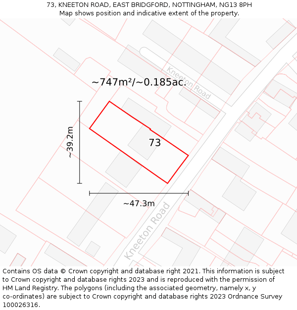 73, KNEETON ROAD, EAST BRIDGFORD, NOTTINGHAM, NG13 8PH: Plot and title map