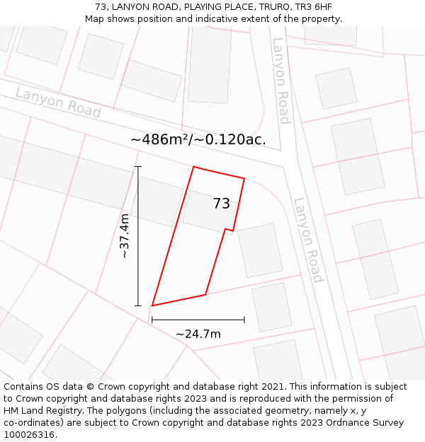 73, LANYON ROAD, PLAYING PLACE, TRURO, TR3 6HF: Plot and title map