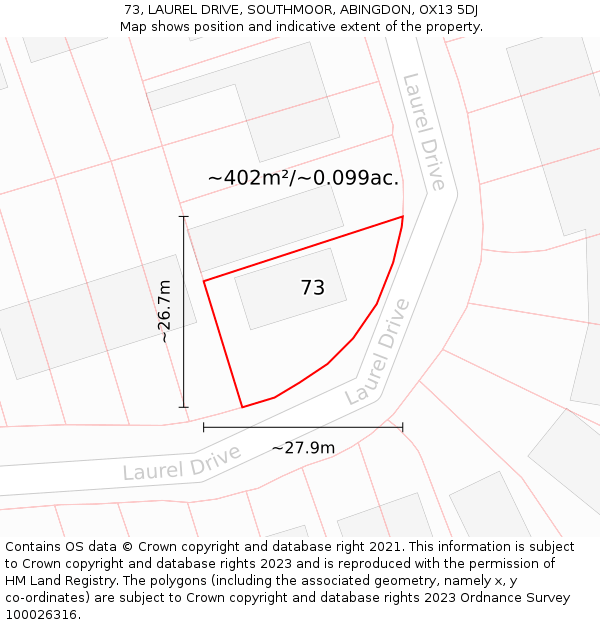 73, LAUREL DRIVE, SOUTHMOOR, ABINGDON, OX13 5DJ: Plot and title map