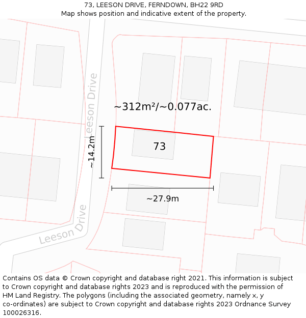 73, LEESON DRIVE, FERNDOWN, BH22 9RD: Plot and title map