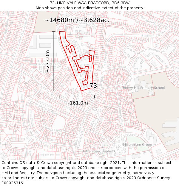 73, LIME VALE WAY, BRADFORD, BD6 3DW: Plot and title map