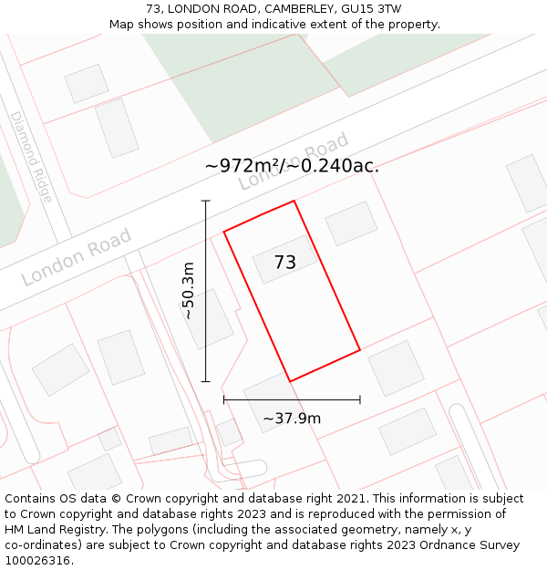 73, LONDON ROAD, CAMBERLEY, GU15 3TW: Plot and title map