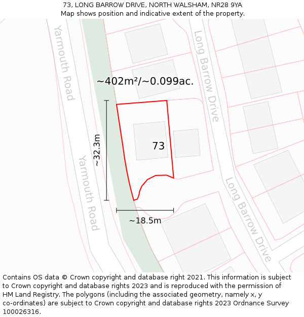 73, LONG BARROW DRIVE, NORTH WALSHAM, NR28 9YA: Plot and title map