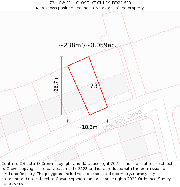 73, LOW FELL CLOSE, KEIGHLEY, BD22 6ER: Plot and title map
