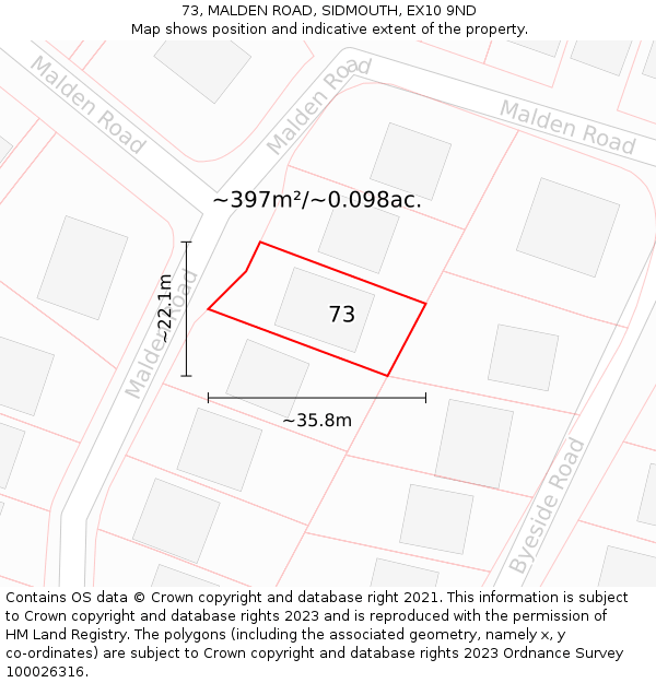 73, MALDEN ROAD, SIDMOUTH, EX10 9ND: Plot and title map