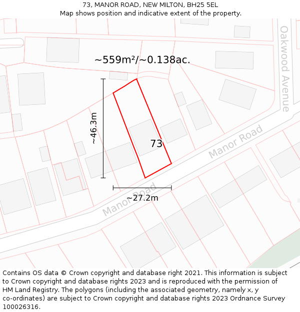 73, MANOR ROAD, NEW MILTON, BH25 5EL: Plot and title map