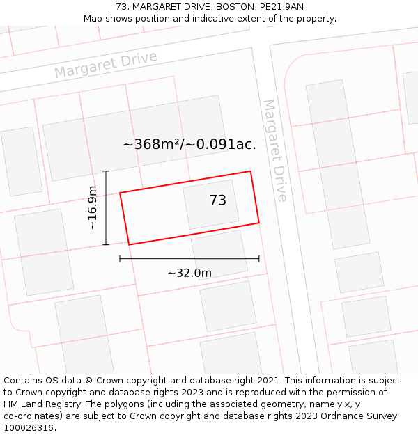 73, MARGARET DRIVE, BOSTON, PE21 9AN: Plot and title map